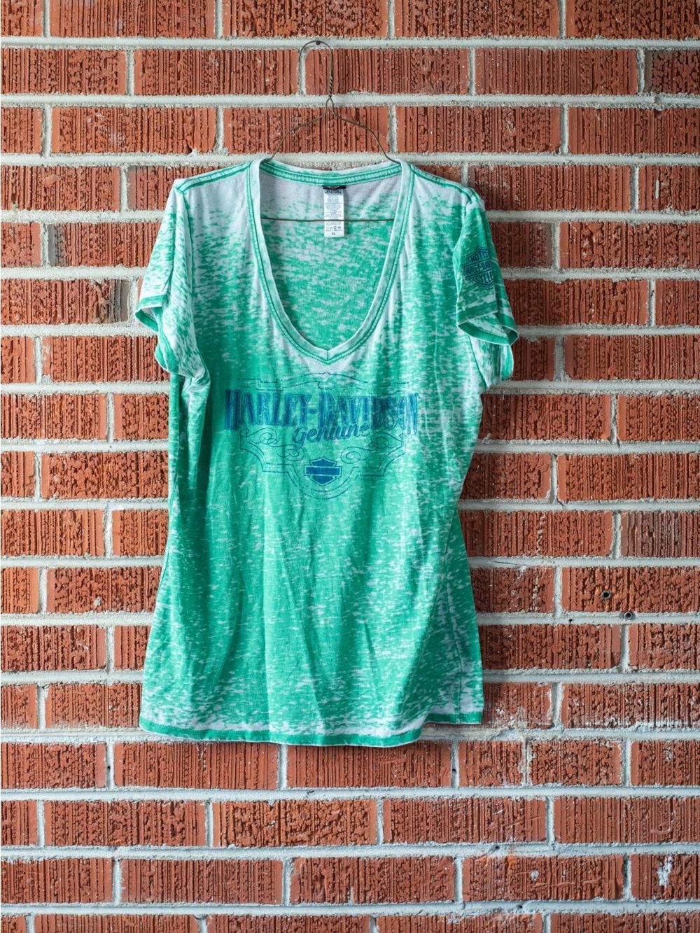 Harley Davidson Womens XL Green Burnout V Neck Graphic T Shirt Biker Vintage Y2K